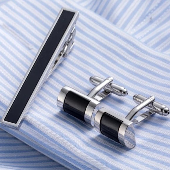 Stainless Steel Cuff Links Tie Clip Set - Picture 2 of 5